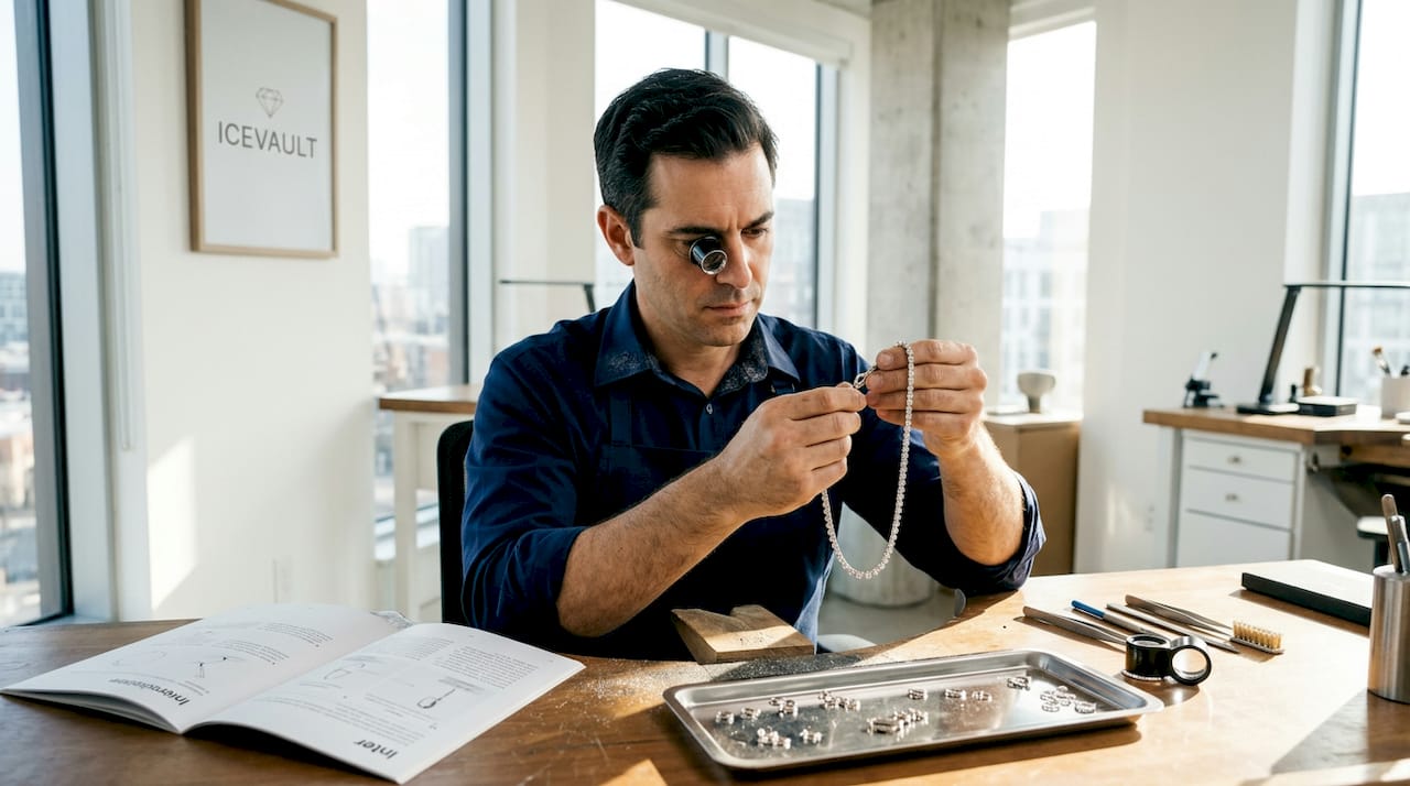 Jeweler polishing custom necklace in workshop