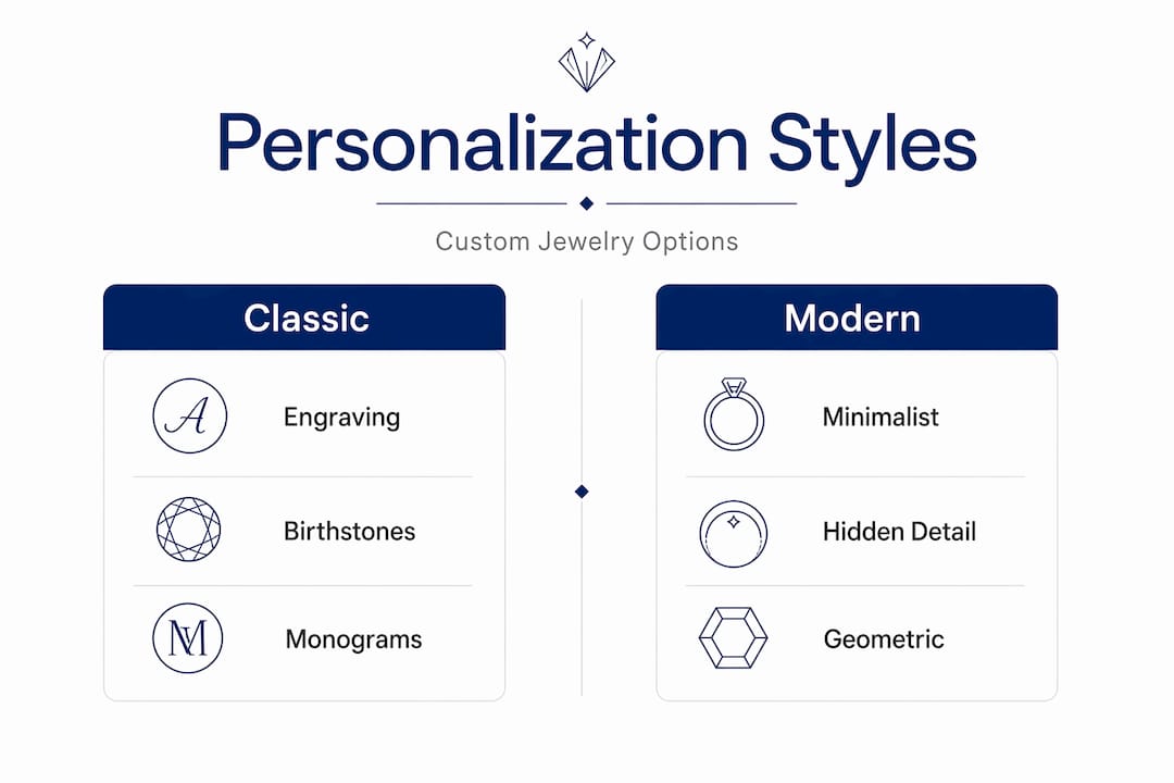 Infographic comparing classic and modern jewelry personalization styles
