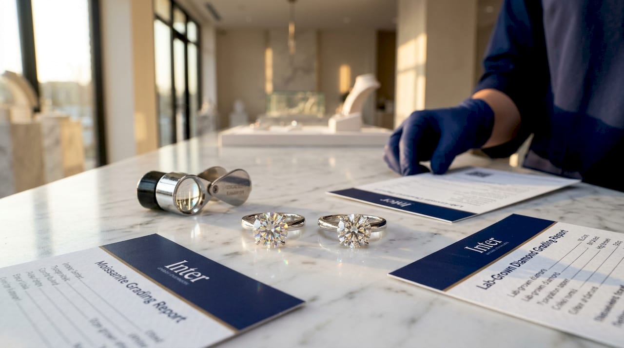 Moissanite and diamond rings reflecting light differently