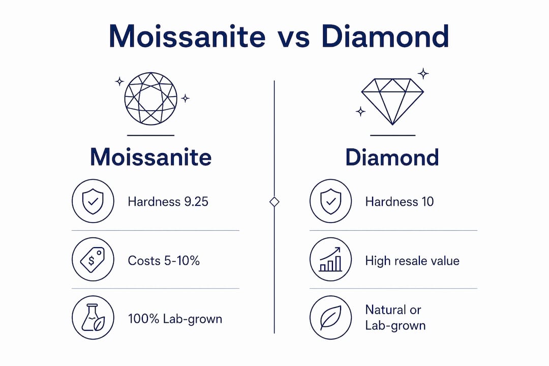Infographic comparing moissanite and diamond key attributes