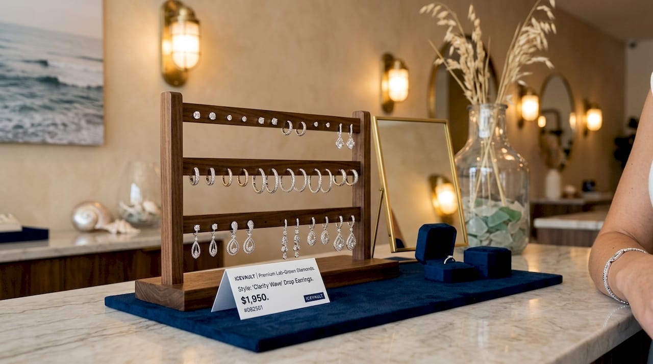 Display of various earring types on wooden rack