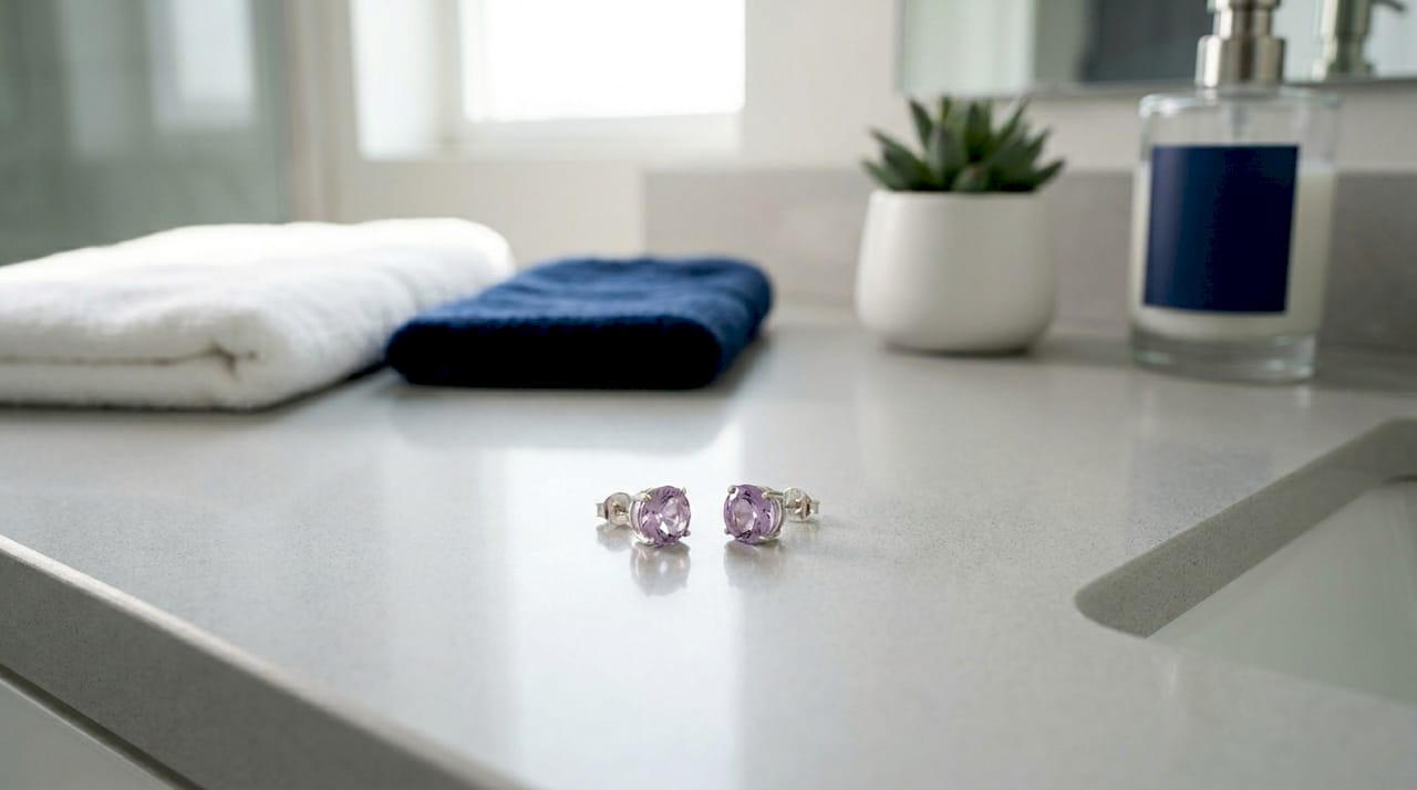 Stud earrings with amethyst gemstones on marble surface