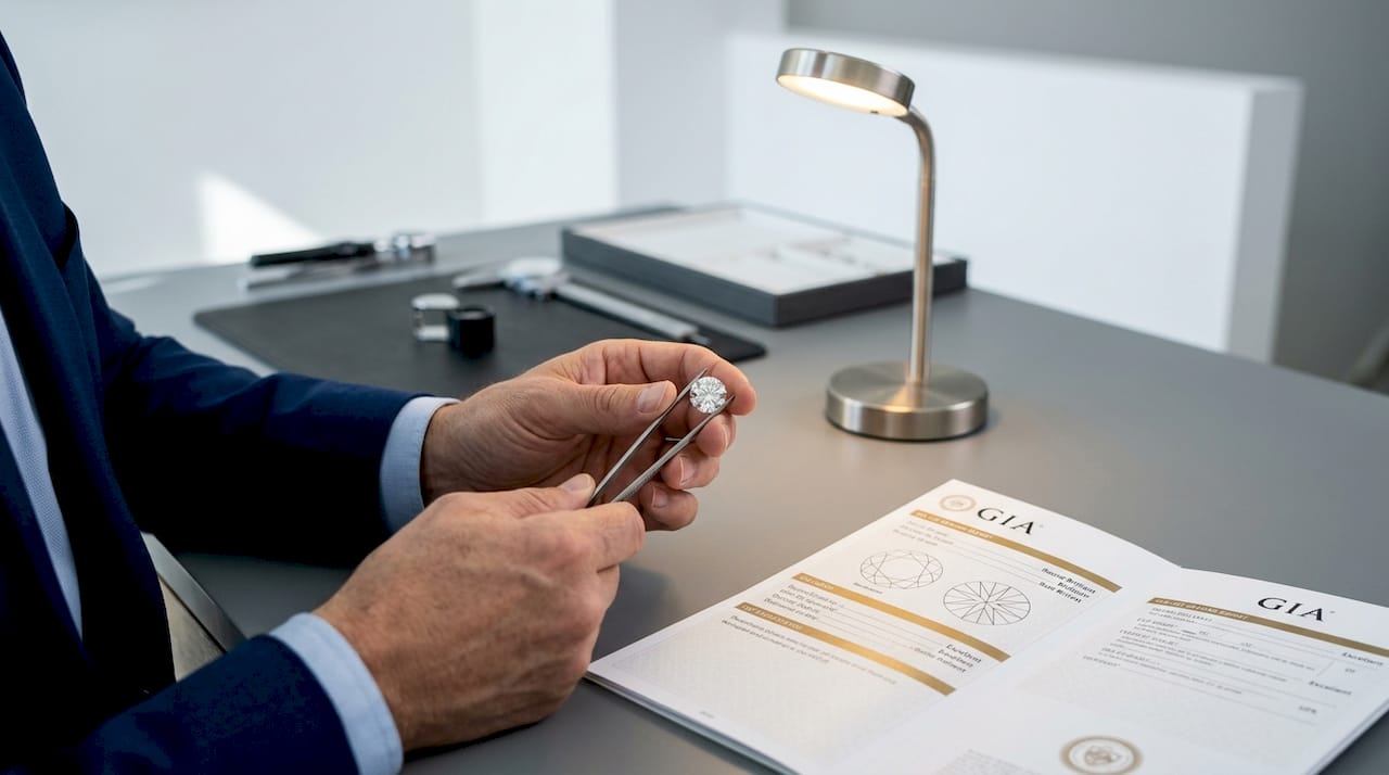 Hands holding diamond with cut grading report on bench