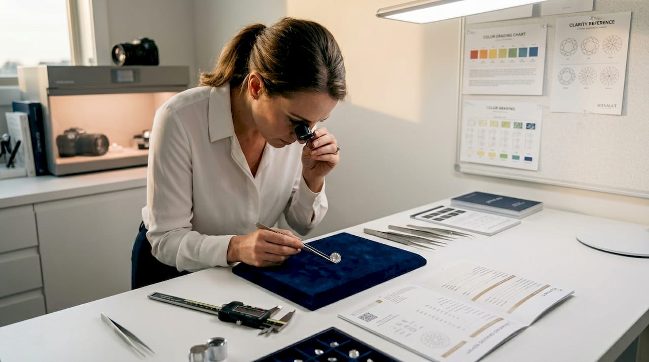 Gemologist inspecting diamond cut quality