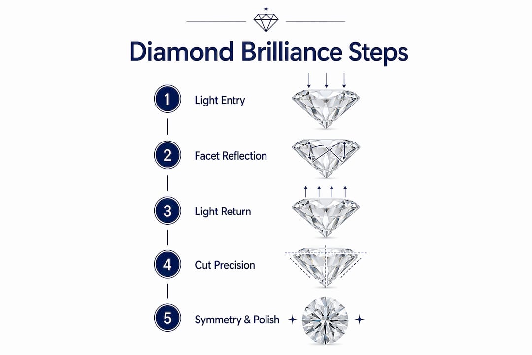 Infographic illustrating diamond brilliance measurement steps