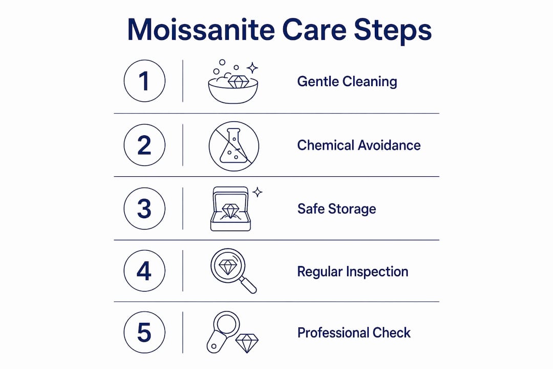 Infographic outlining five essential moissanite care steps