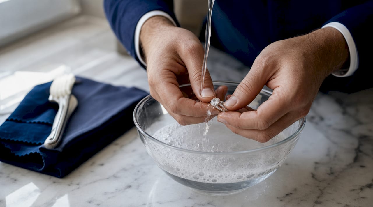 Close-up hands cleaning diamond with soft toothbrush