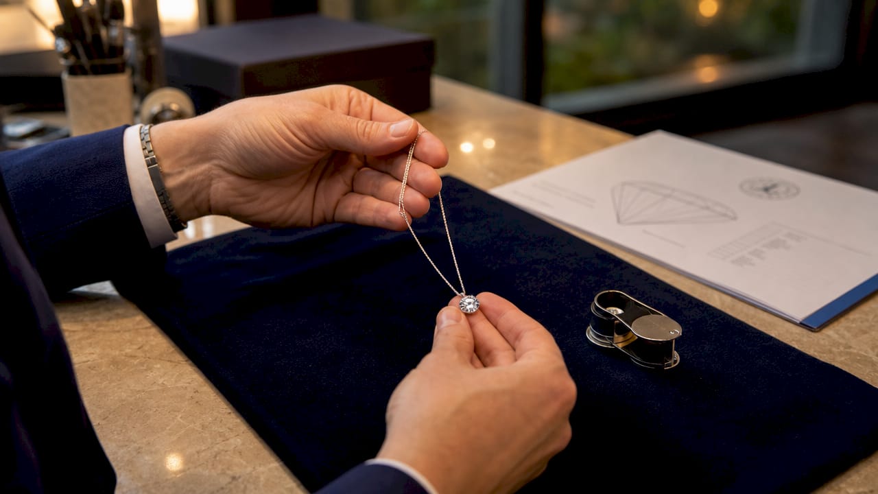 Jeweler examining platinum necklace with diamond