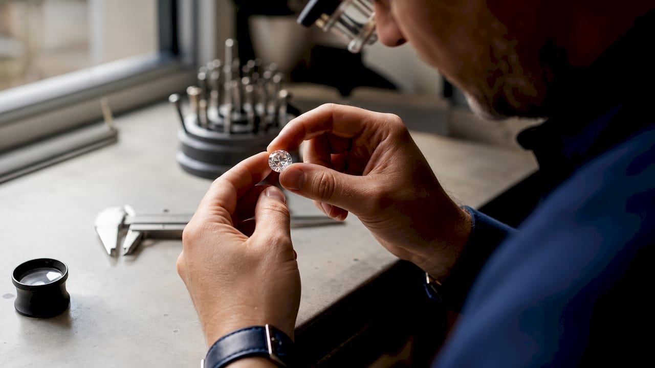 Close-up of hands inspecting diamond cut