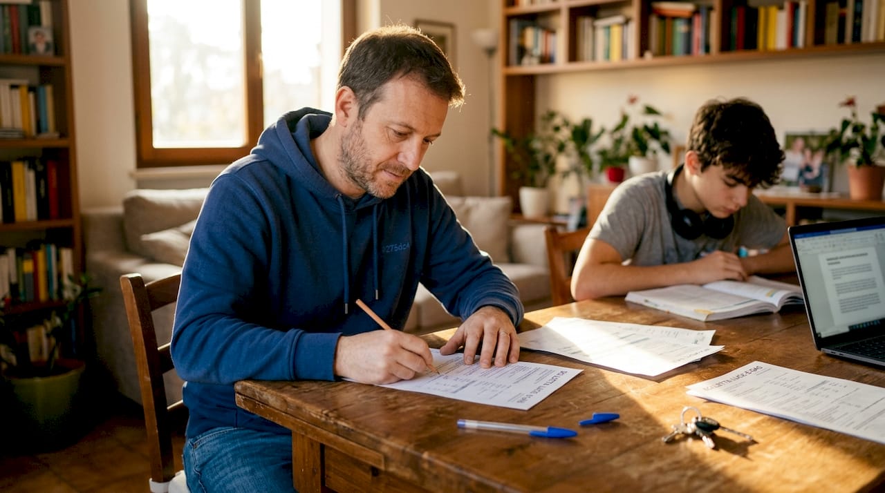 Un uomo controlla la bolletta della luce seduto in salotto.