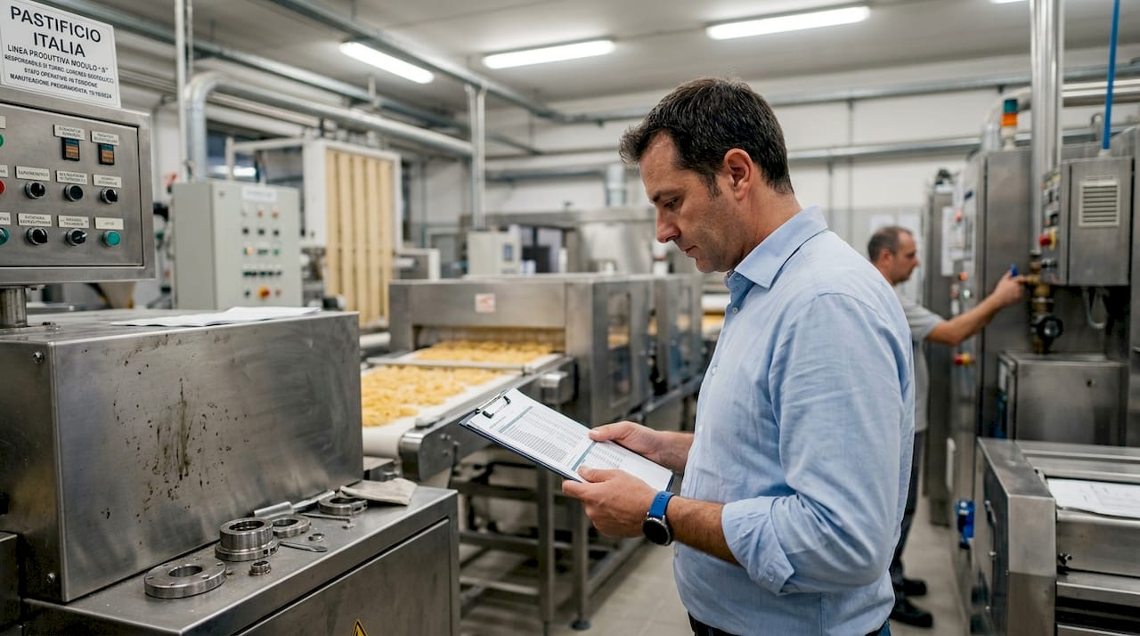 Il responsabile di stabilimento controlla i dati di produzione nel pastificio.