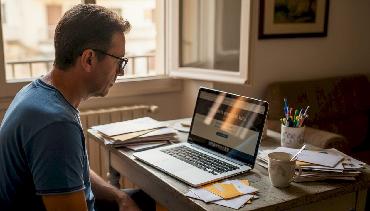 Un uomo confronta le tariffe dell’energia elettrica direttamente dal suo portatile