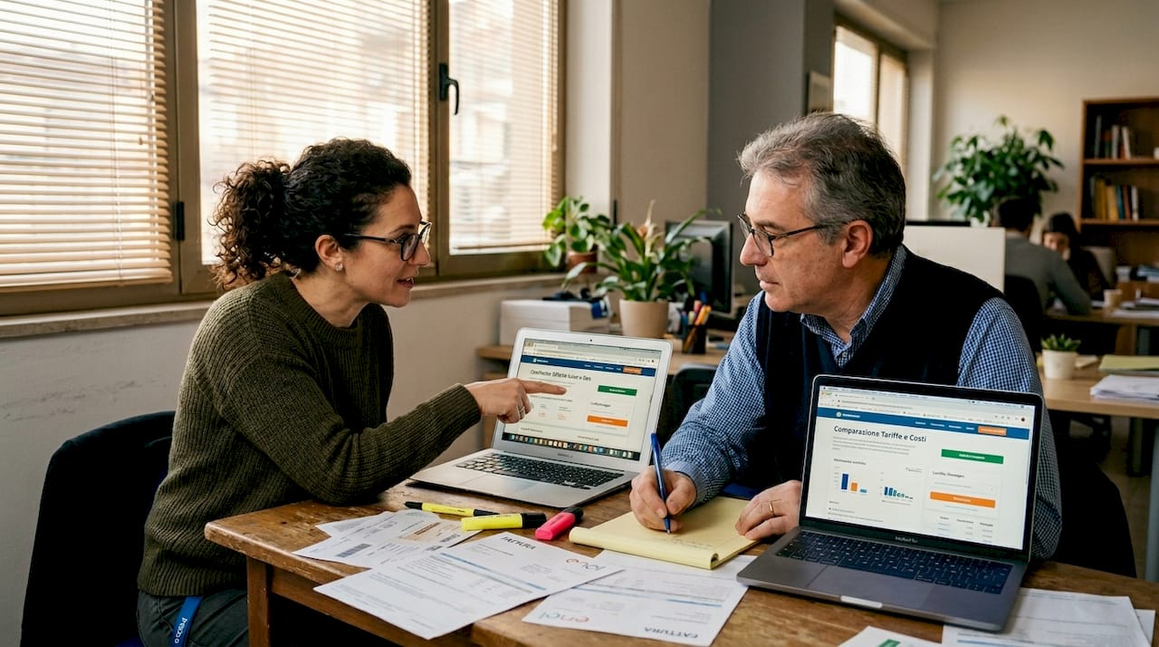 Alcuni colleghi seduti attorno a un tavolo stanno confrontando le varie offerte di energia elettrica, cercando quella più conveniente.