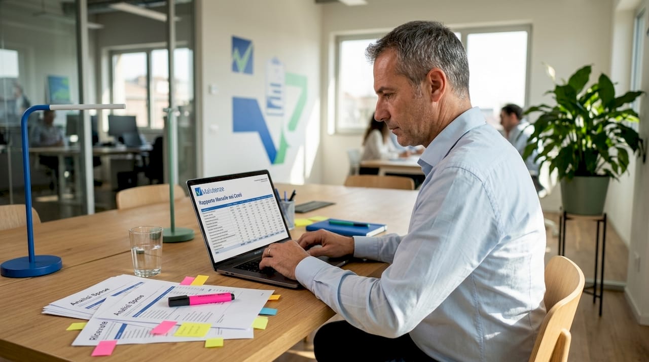 Un dipendente sta preparando il report mensile dei costi nel suo ufficio.
