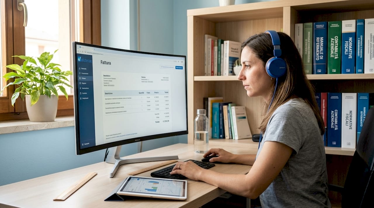 Donna professionista al lavoro che gestisce le comunicazioni dalla sua scrivania