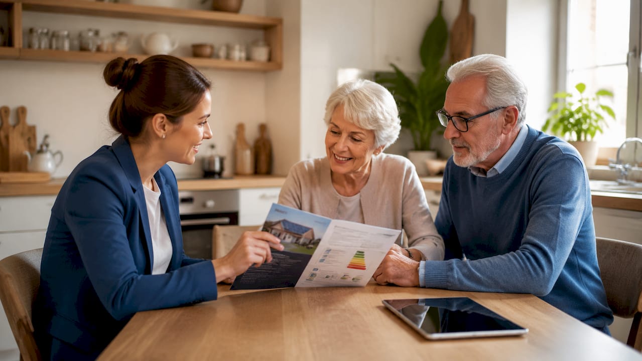 Consulente energetico che offre consigli a una coppia nel salotto di casa