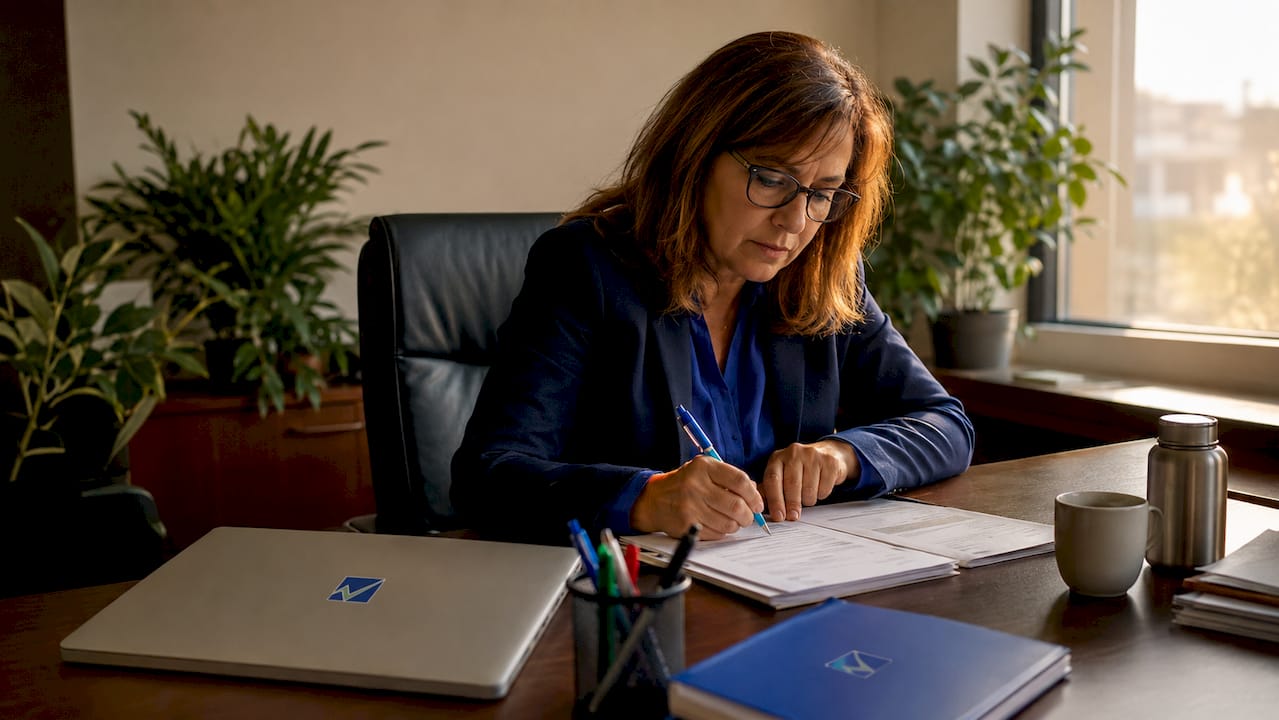 Una donna sta compilando i moduli necessari per la richiesta di allaccio del gas presso l’ufficio.
