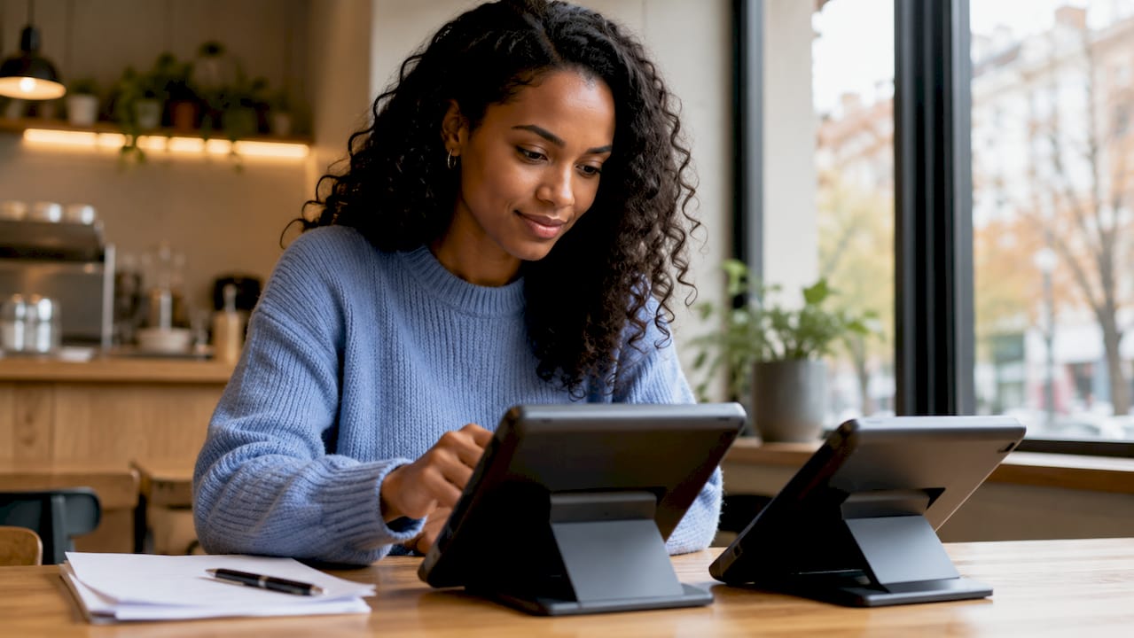 Una donna valuta le diverse offerte di contratti POS disponibili per il suo negozio