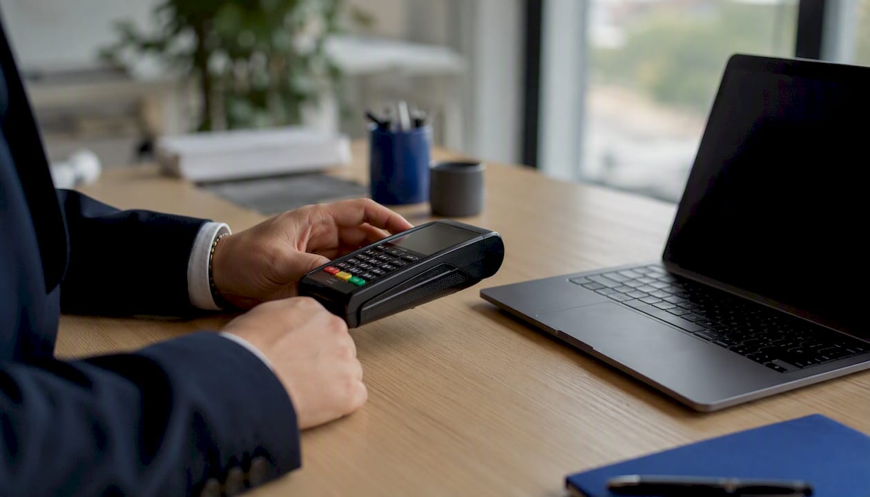 Una mano che tiene un terminale POS accanto a un computer portatile