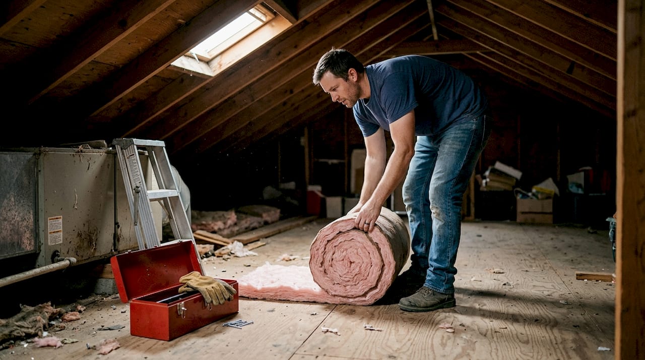 Homeowner installing attic insulation for energy savings