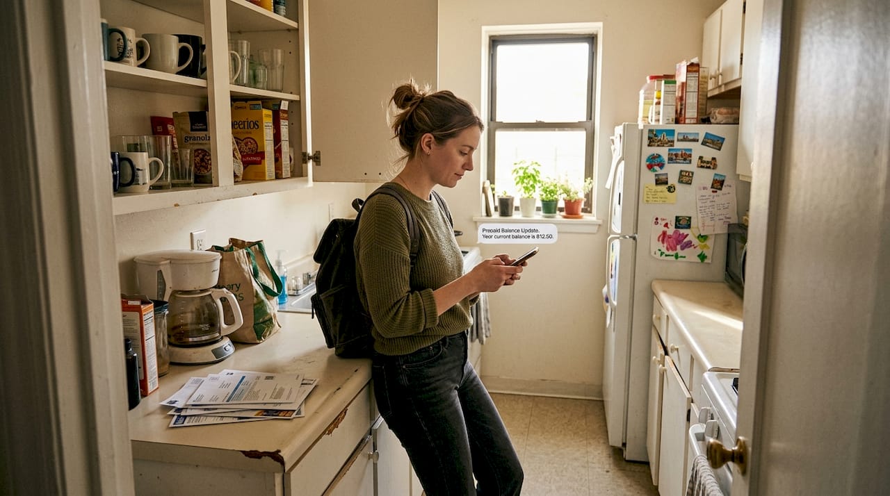 Woman reading prepaid power balance alert