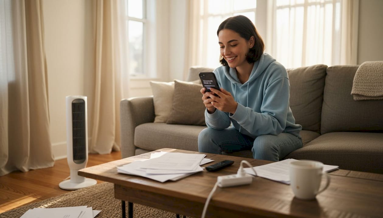 Woman checking electricity bill notification in living room