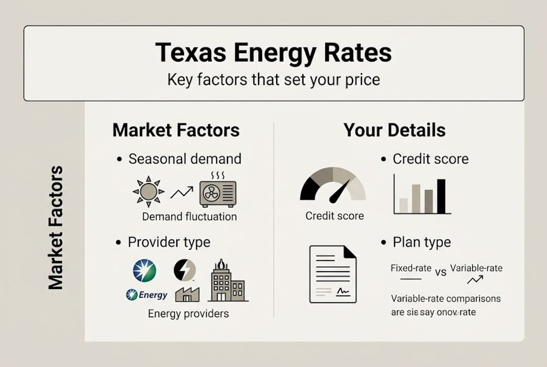 Infographic showing Texas energy rate factors