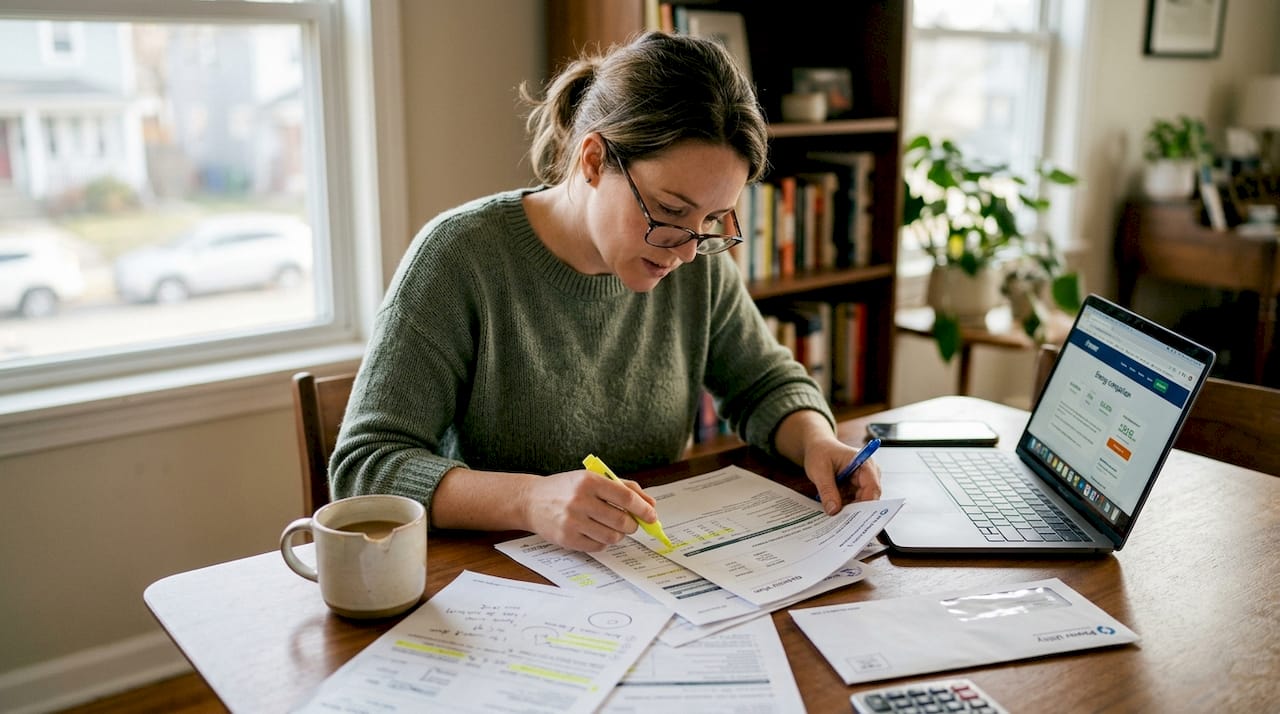 Woman reviewing prepaid electricity plan documents