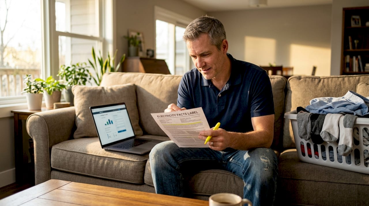Man reading Electricity Facts Label on couch