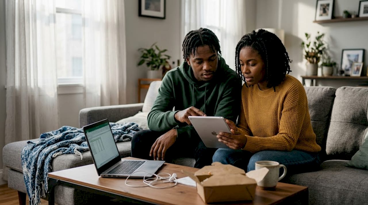 Couple compares electricity plans on sofa