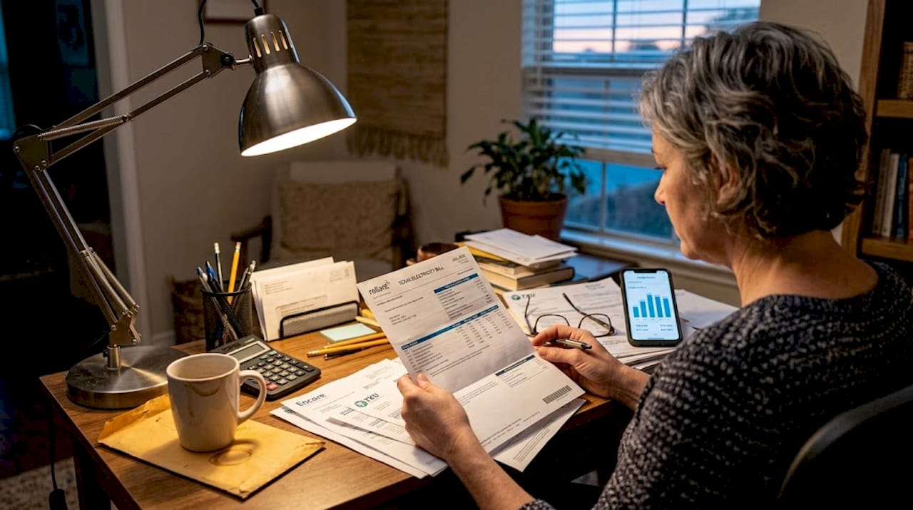 Woman reviewing detailed Texas electricity bill