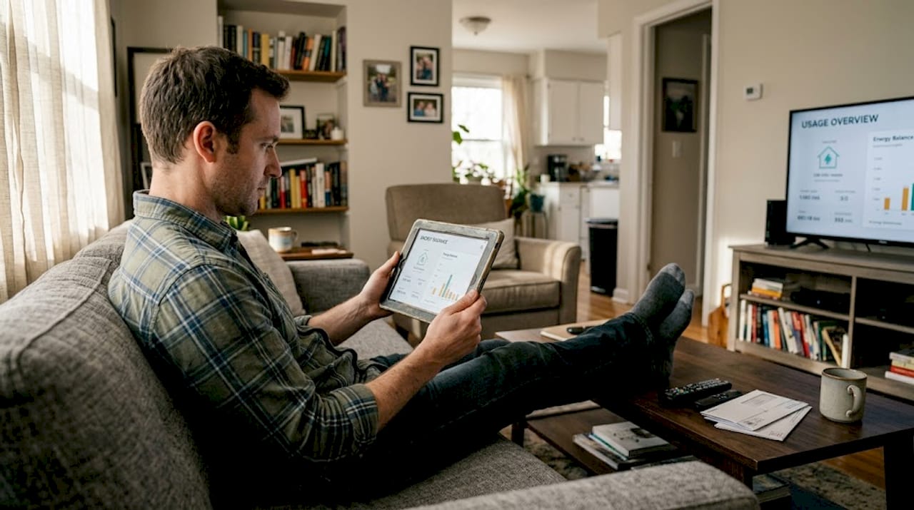 Man checking prepaid electricity usage on tablet