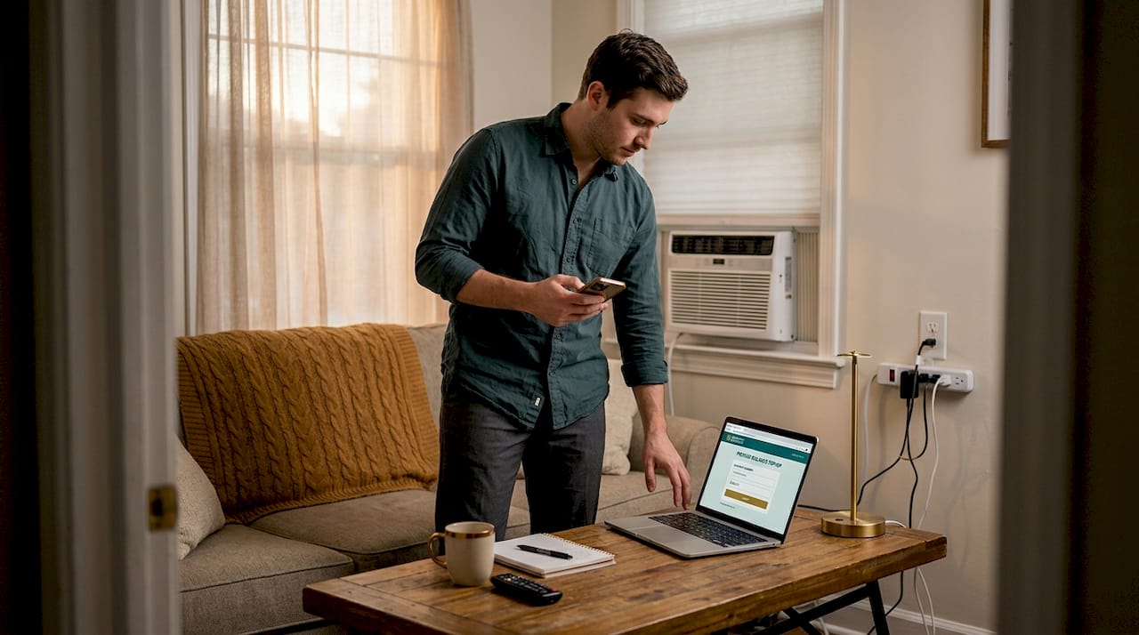 Man checks prepaid power balance in living room
