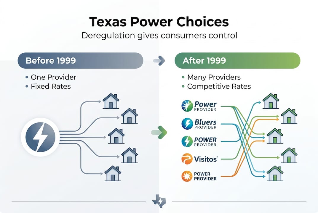 Infographic comparing Texas energy options before and after deregulation