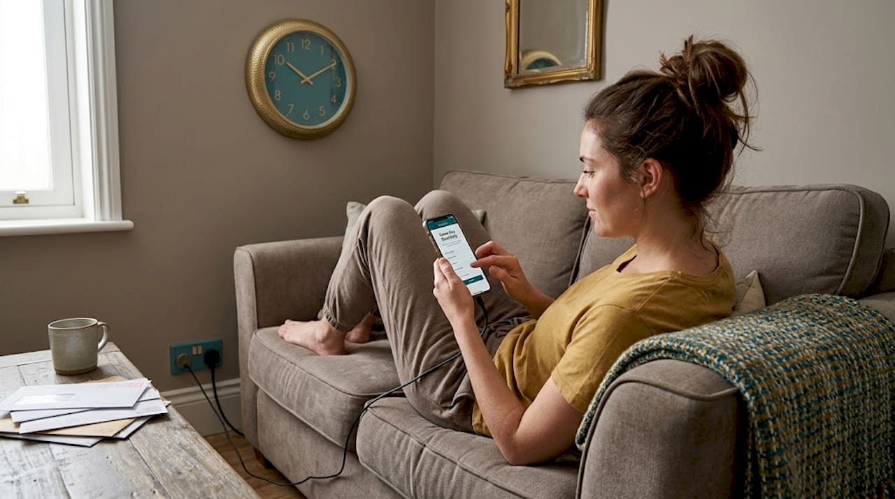 Woman paying electricity bill via smartphone