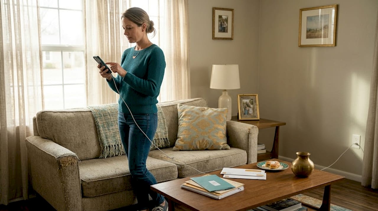 Woman checking prepaid electricity balance at home