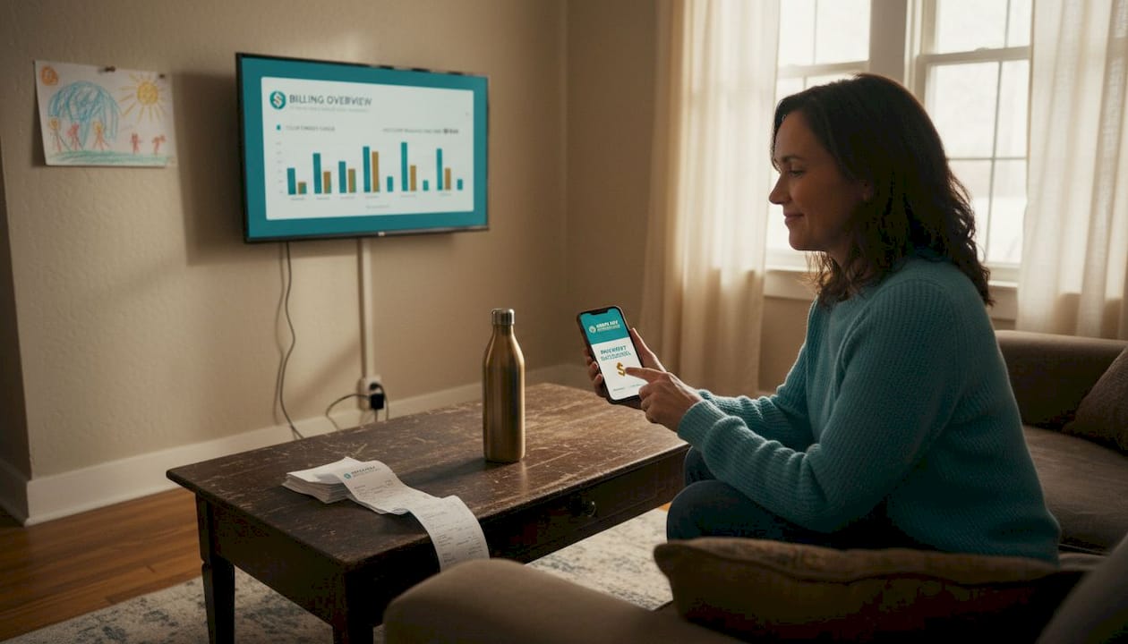 Woman paying prepaid electricity bill at home
