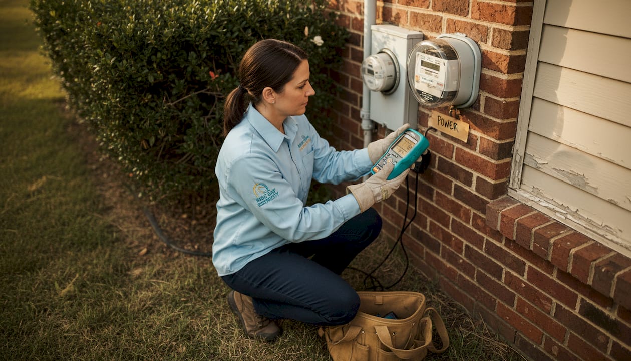Technician checking home electricity meter outdoors