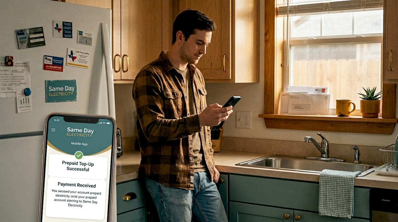 Man topping up prepaid electricity at kitchen