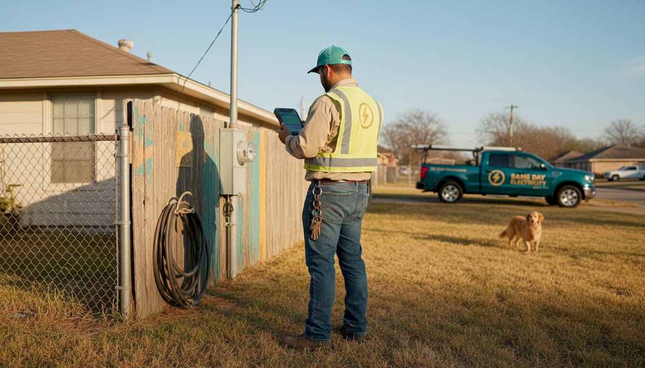 Utility worker checking Texas home electric meter