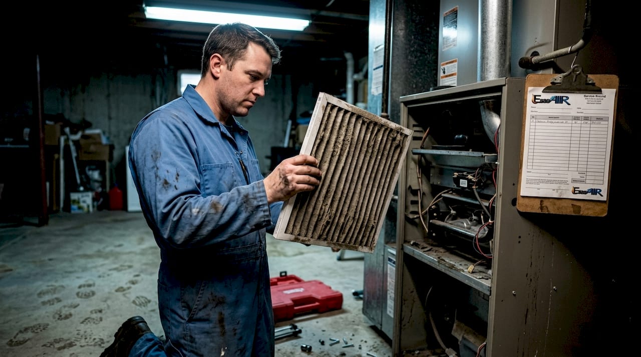 Technician inspecting dirty HVAC air filter