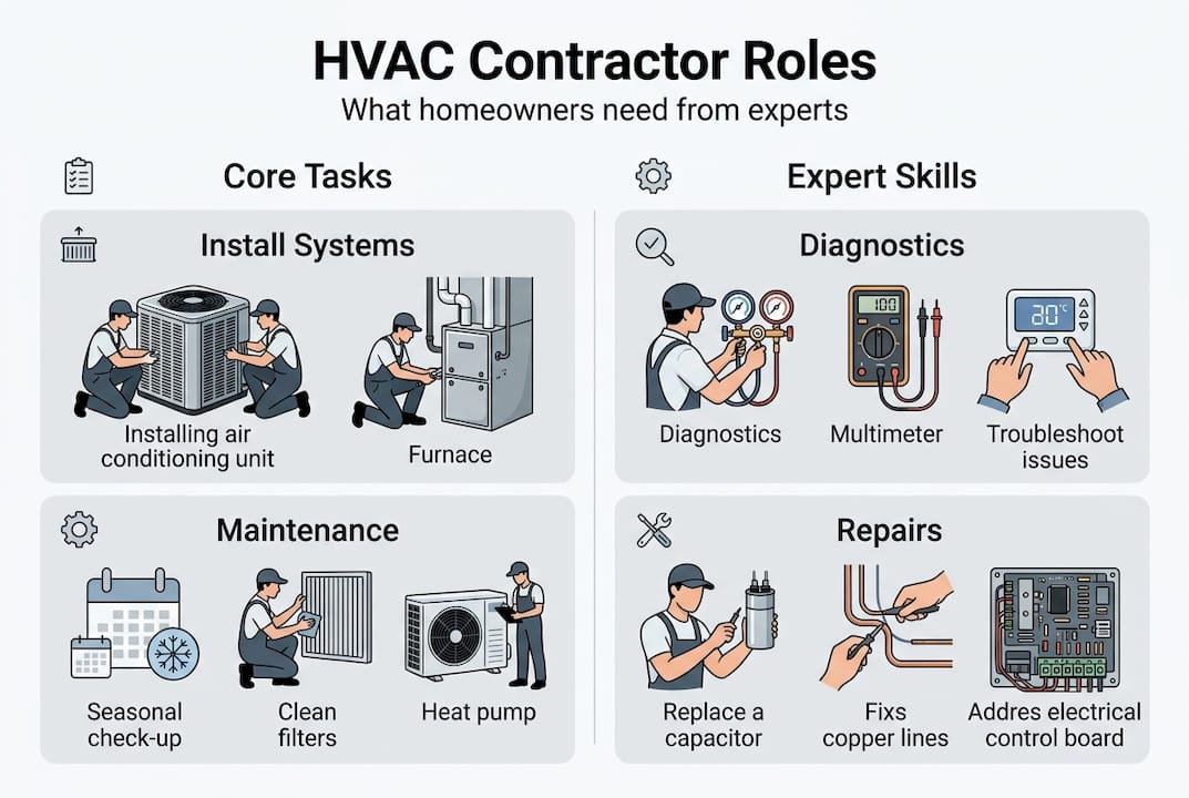 Infographic showing HVAC contractor core roles and skills