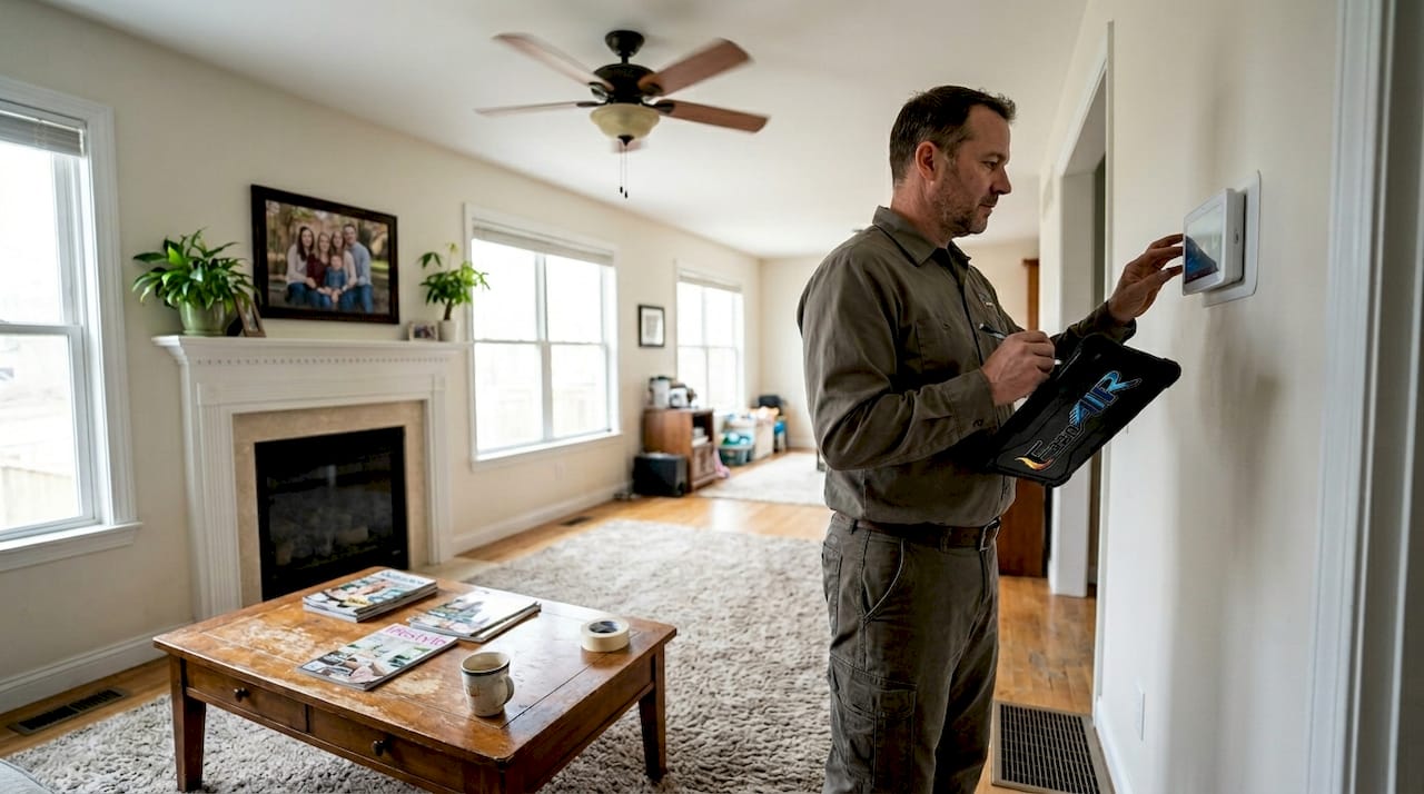 Technician performing HVAC maintenance in living room