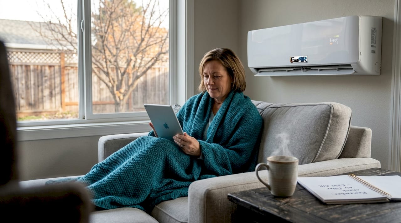Woman relaxes by heat pump in winter living room