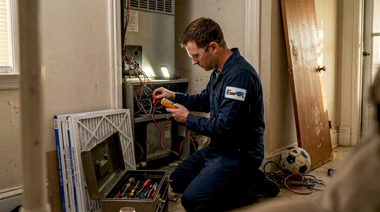 Technician inspecting central air system air handler