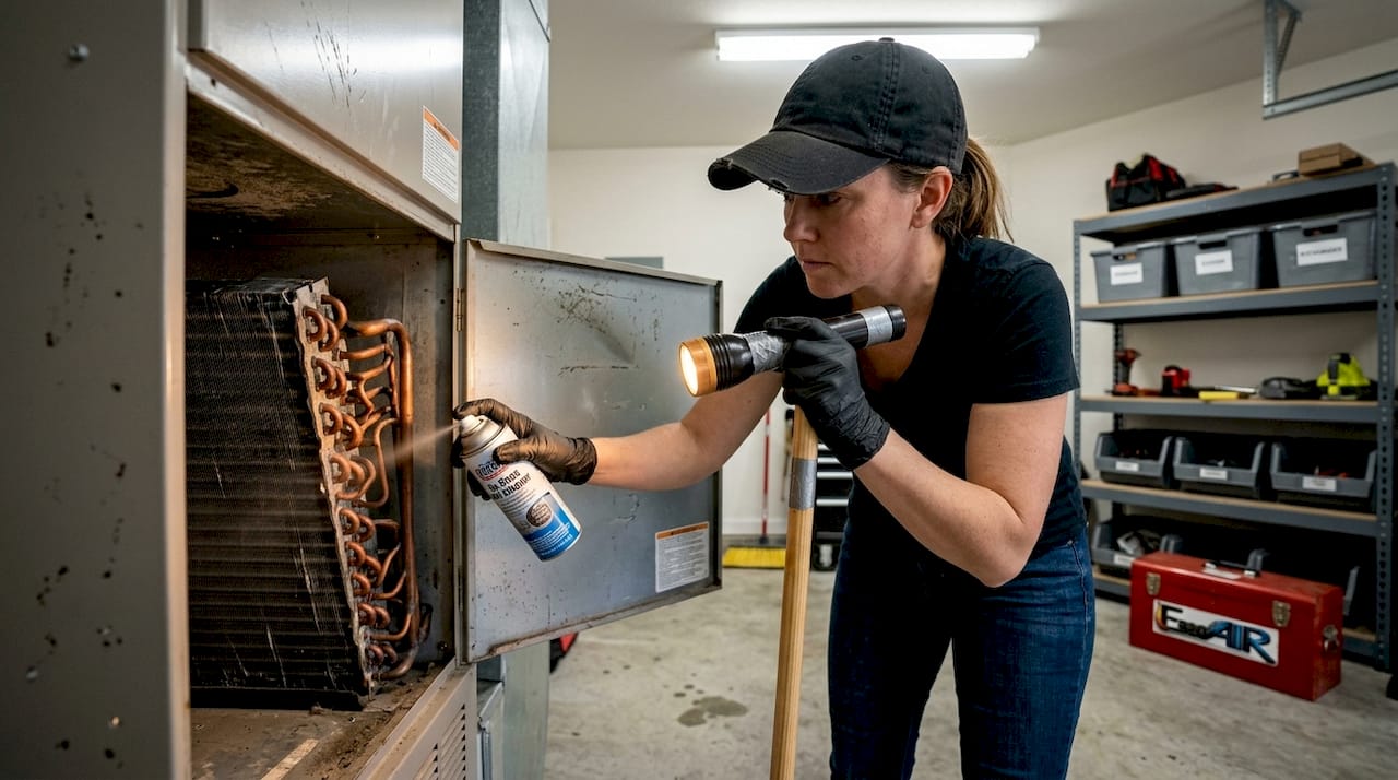 Cleaning AC evaporator coils in home garage
