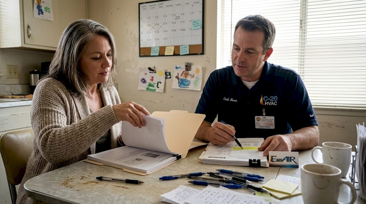 Homeowner and contractor reviewing permits