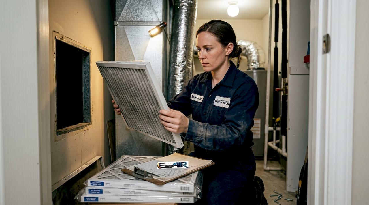HVAC technician checking air filter in closet