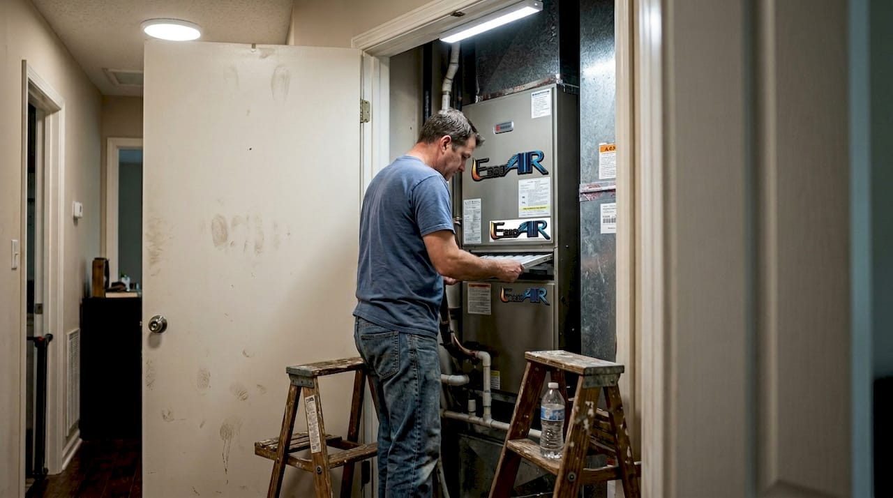 Homeowner replacing filter in air handler