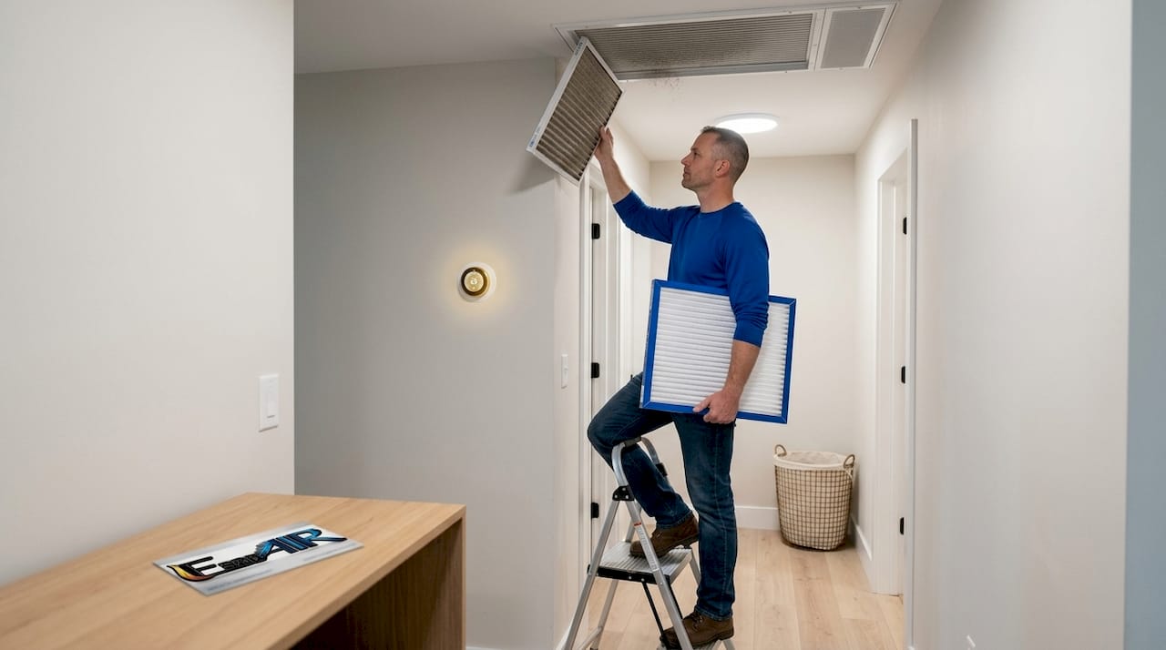 Homeowner changing air filter in hallway vent